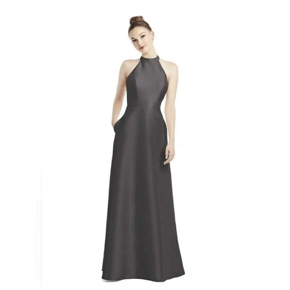 Alfred Sung Sateen Twill Halter Neckline Dress 16 Gown Satin Caviar Gray NWT B72 - Picture 1 of 7